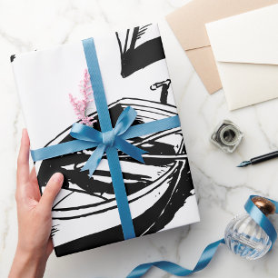 Papel De Regalo Ilustración de bote de remos Náutica Blanco y Negr