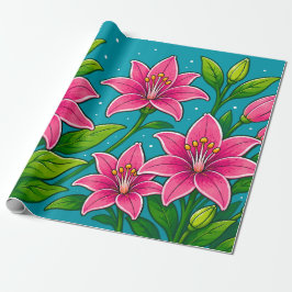 Papel De Regalo Ilustración de flores de lirio rosadas con follaje
