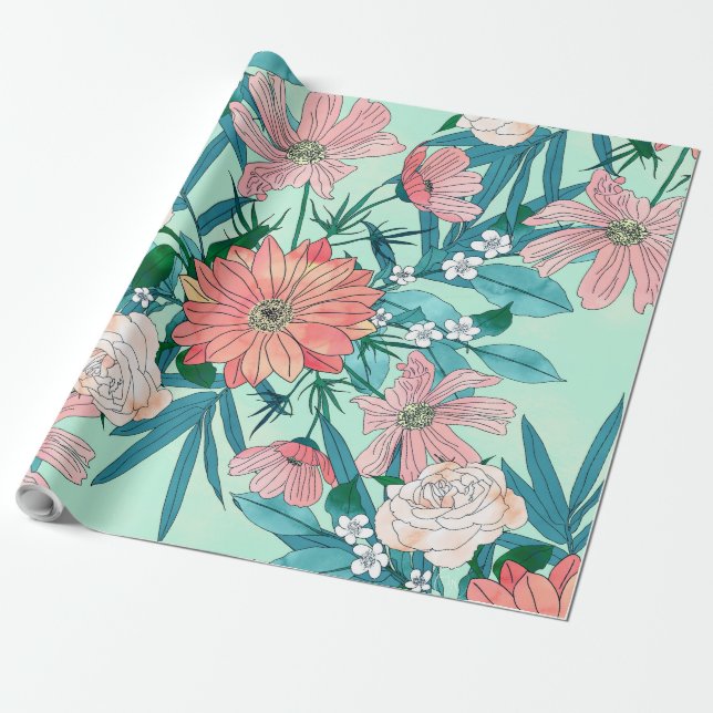 Papel De Regalo Ilustracion de flores del jardín de primavera de l (Desenrollado)