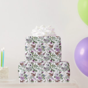 Papel De Regalo Ilustración de pájaros cantores púrpura floral ver