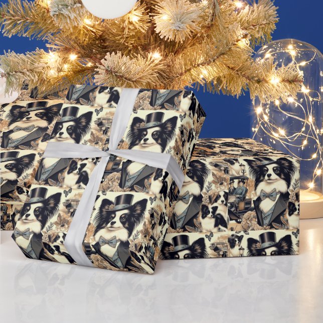 Papel De Regalo Ilustracion de perro de Papillon de época (Vacaciones)