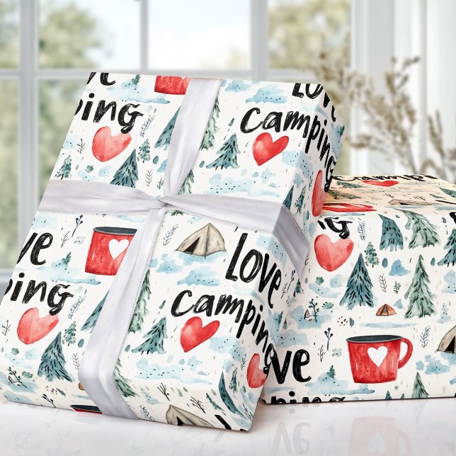 Papel De Regalo Ilustracion de viaje Watercolor Love Camping (Watercolor Love Camping Travel Illustration Wrapping Paper)