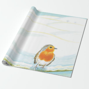 Papel De Regalo Ilustracion del paisaje invernal blanco con Robin