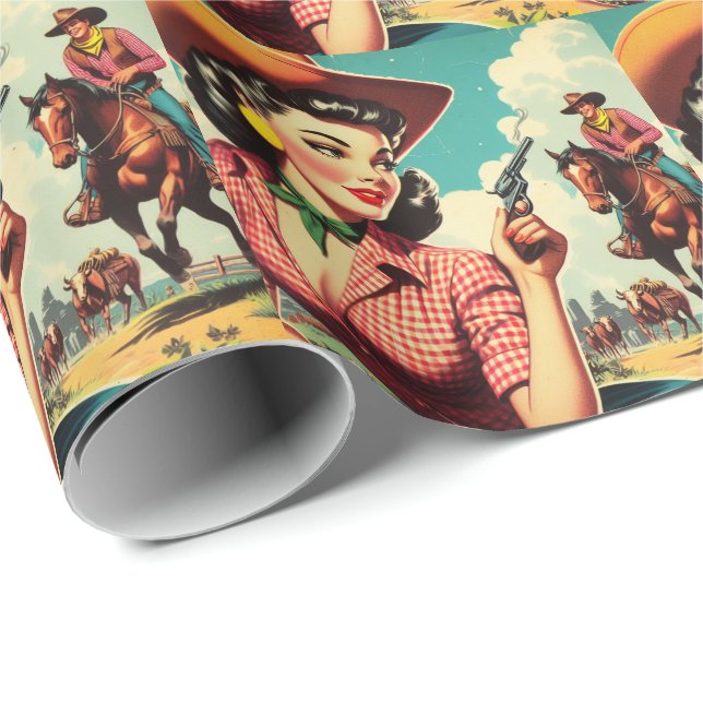 Papel De Regalo Ilustracion Vintage Pulp Cowgirl (Esquina del rollo)