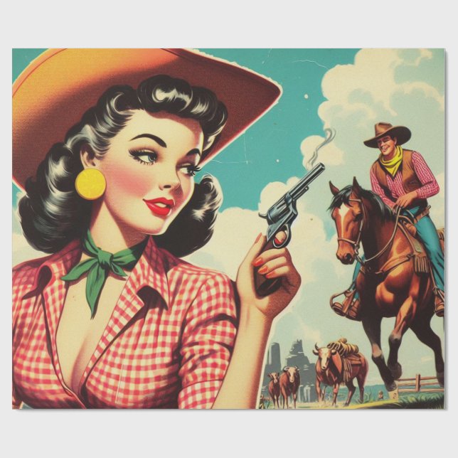 Papel De Regalo Ilustracion Vintage Pulp Cowgirl (Superficie plana)