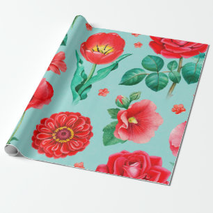 Papel De Regalo Ilustraciones acuarelas de flores rojas. Sin incon