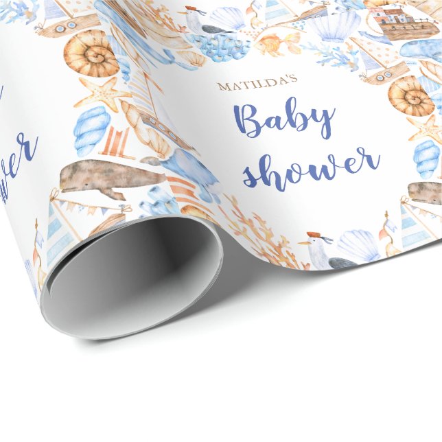 Papel De Regalo ilustraciones de playa náuticos con ducha de bebé (Esquina del rollo)