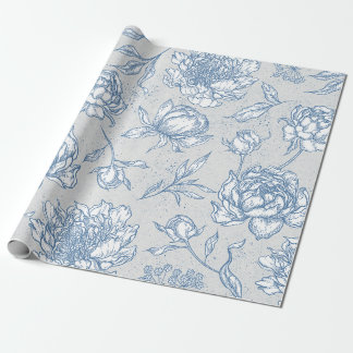Papel De Regalo Ilustrado floral vintage blanco y azul