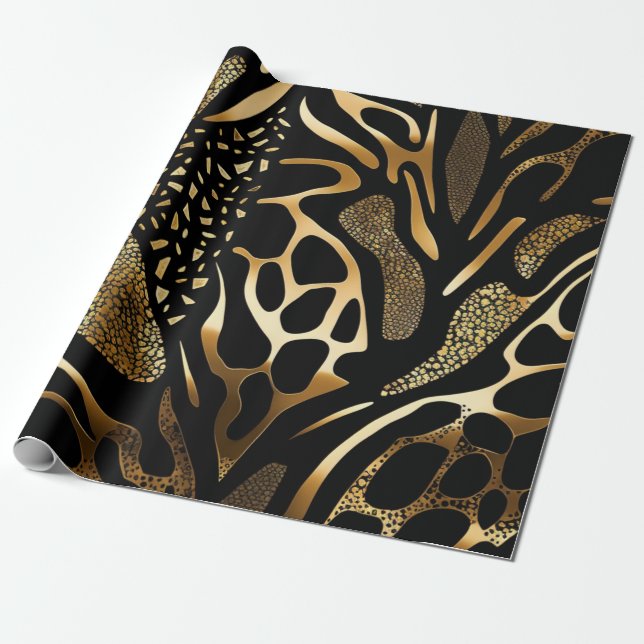 Papel De Regalo Impresión animal en negro y oro (10) (Desenrollado)