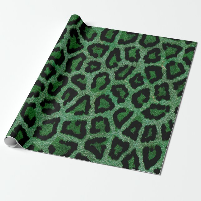 Papel De Regalo Impresión de animales de leopardo negro verde (Desenrollado)