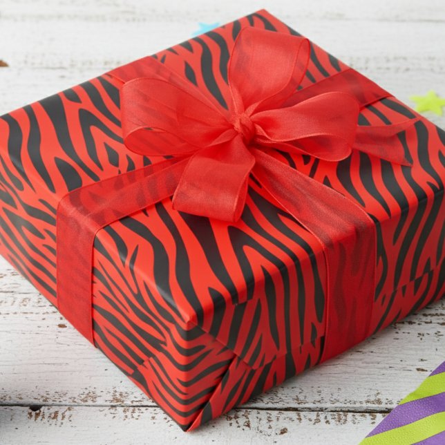 Papel De Regalo Impresión de cebra pequeña roja fluorescente (Fun Fluorescent Red Wrapping Paper for Cool 80's Kids Party. Modern Zebra Animal Print Gift Wrap)