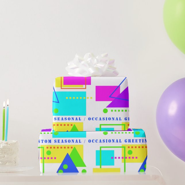 PAPEL DE REGALO IMPRESIÓN DE FORMA NEON FLUORO RETRO 80 CON TEXTO  (Regalos de fiesta)