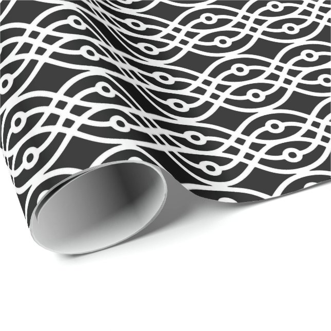 Papel De Regalo Impresión de Kimono, blanco sobre negro (Esquina del rollo)