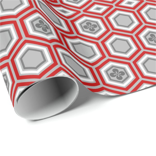 Papel De Regalo Impresión de Kimono Hexagonal, rojo y gris / gris (Esquina del rollo)