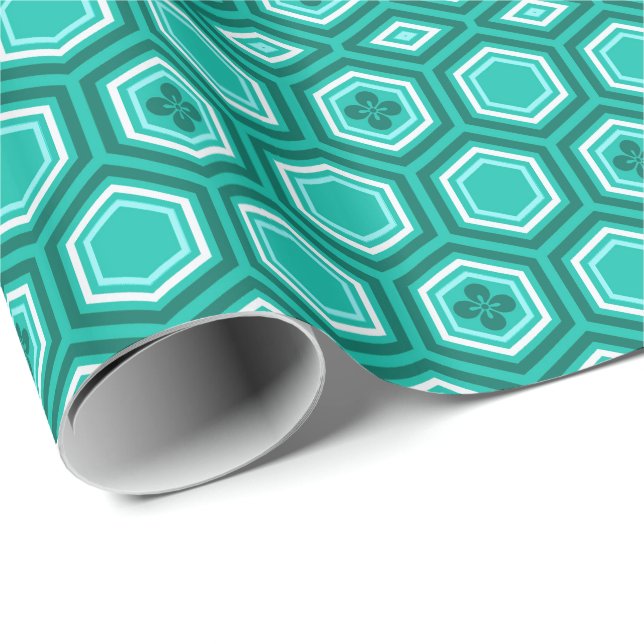 Papel De Regalo Impresión de Kimono Hexagonal, Verde azulada, Aqua (Esquina del rollo)