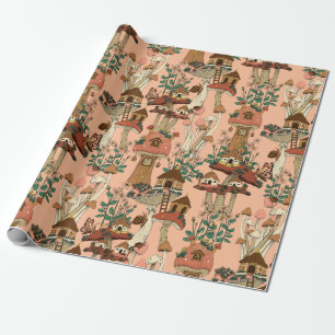 Papel De Regalo Impresión de la casa de hongos florales de algodón