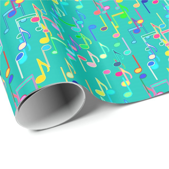 Papel De Regalo Impresión de las notas musicales - turquesa, multi (Esquina del rollo)