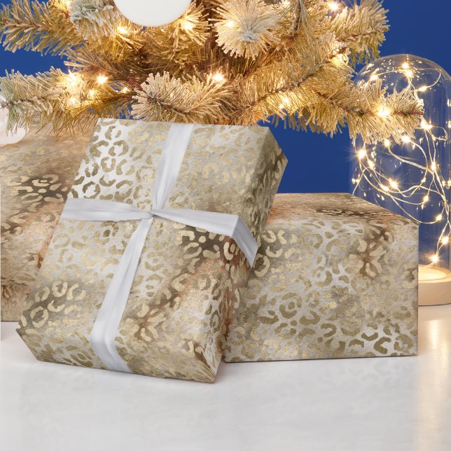 Papel De Regalo Impresión de leopardo blanco dorado (Vacaciones)