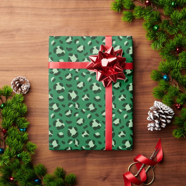 Papel De Regalo Impresión de leopardo de Navidades verdes divertid (Regalo de vacaciones)