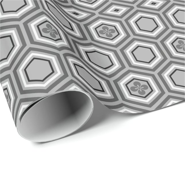 Papel De Regalo Impresión del kimono, gris hexagonal/gris y blanco (Esquina del rollo)