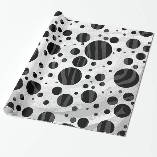 Papel De Regalo Impresión en negro y gris de punto de polka cebra (Desenrollado)