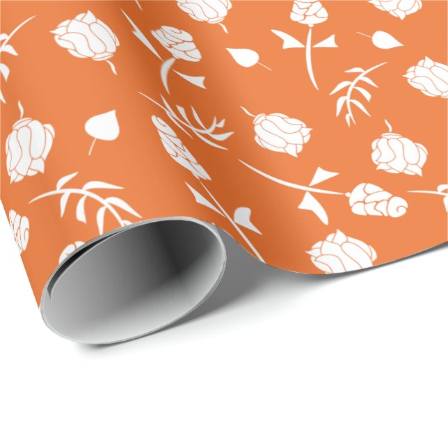 Papel De Regalo Impresión floral de Roses Blancas Rosebud Naranja (Esquina del rollo)
