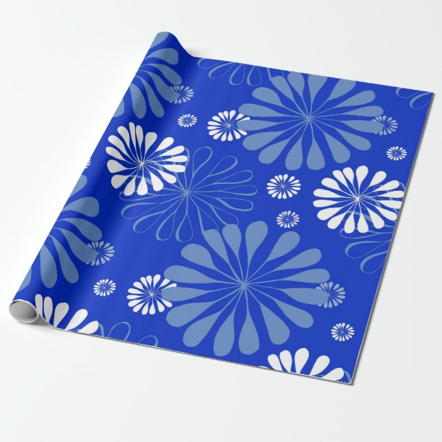 Papel De Regalo Impresión floral moderna azul eléctrico (Desenrollado)