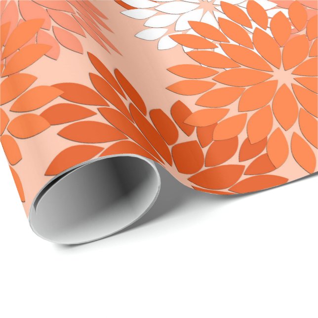 Papel De Regalo Impresión floral moderna del kimono, naranja (Esquina del rollo)