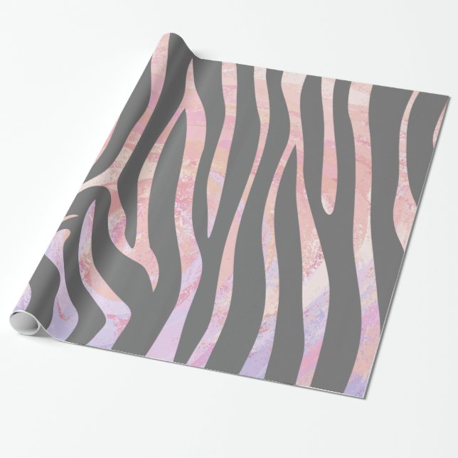 Papel De Regalo Impresión gris claro cebra y rosa (Desenrollado)