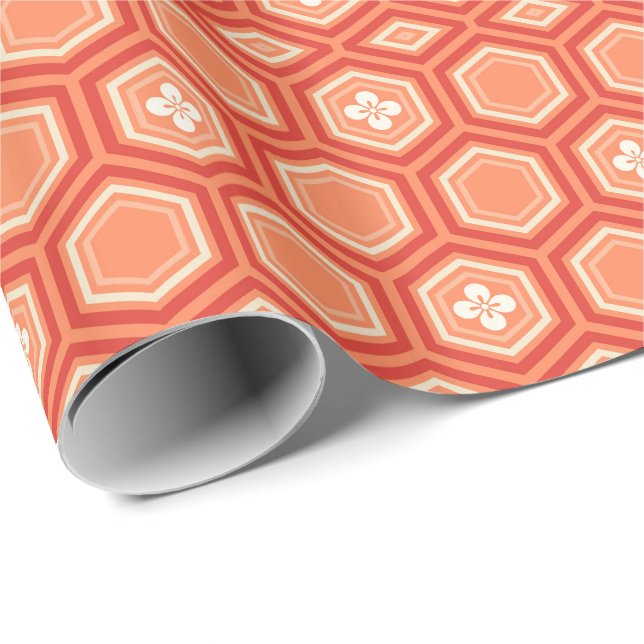Papel De Regalo Impresión Hexagonal Kimono, Naranja mandarín (Esquina del rollo)