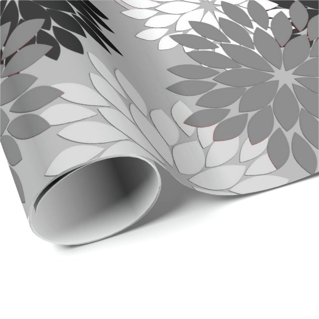 Papel De Regalo Impresión moderna de kimono floral, gris, negro y  (Esquina del rollo)