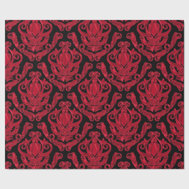 Papel De Regalo Impresión roja y negra elegante del damasco (Costura)