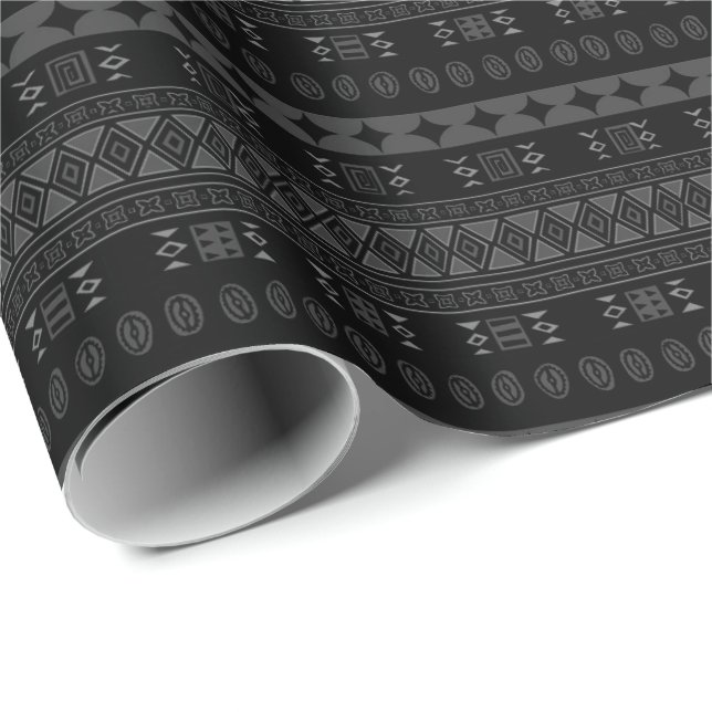 Papel De Regalo Impresión tribal cultural gris negro y carbón vege (Esquina del rollo)