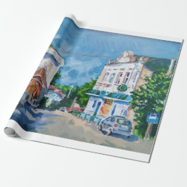 Papel de regalo impresionista de calle de pueblo s