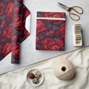 Papel de regalo impreso con peonías rojas romántic