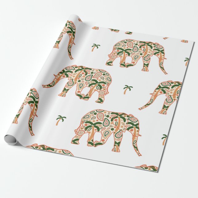 Papel De Regalo Indian Floral Paisley Ornate Elephants (Desenrollado)