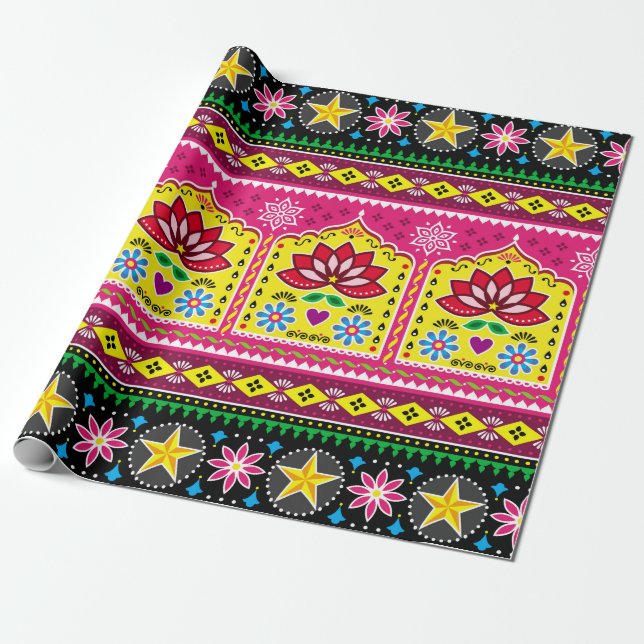 Papel De Regalo Indian truck art floral seamless folk art pattern, (Desenrollado)