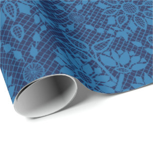 Papel De Regalo Indigo Blue Floral Faux Lace Pattern