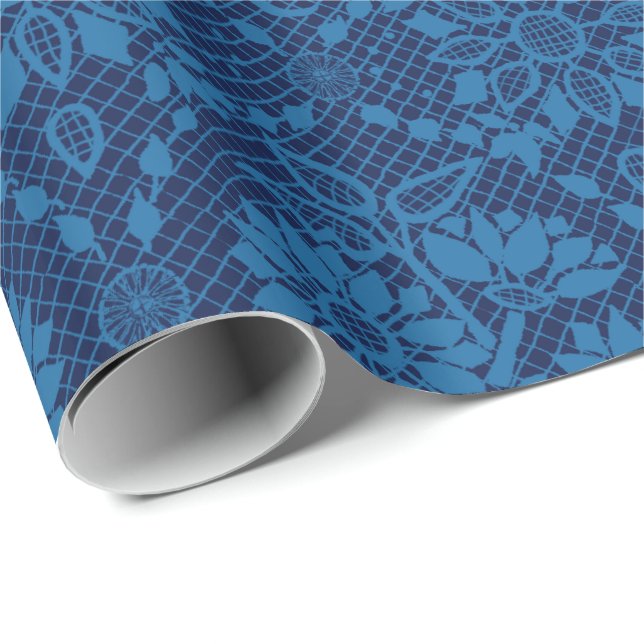 Papel De Regalo Indigo Blue Floral Faux Lace Pattern (Esquina del rollo)