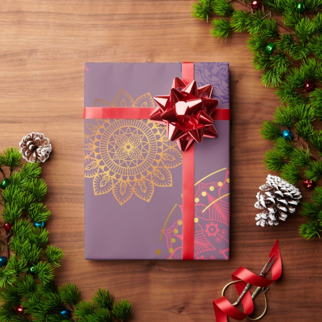 Papel De Regalo indio mandala morada con oro (Regalo de vacaciones)