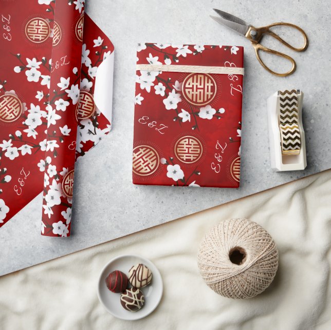 Papel De Regalo Iniciales de Bodas chinos con flores de cerezo (Artesanía)
