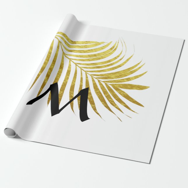 Papel De Regalo Iniciales Monogramadas de Hoja de Palma de Oro Tro (Desenrollado)