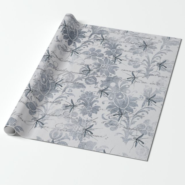 Papel De Regalo Insecto y gris azul florales (Desenrollado)