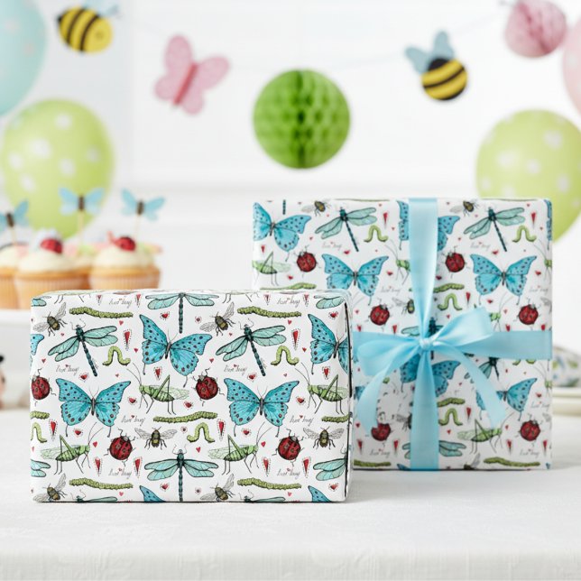 Papel De Regalo Insectos de amor alegres para amantes de los malos (Colorful Cute Bugs Insects Wrapping Paper for Kids. Butterflies, Dragonflies, Ladybugs, Bees, Worms)