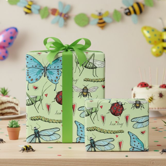 Papel De Regalo Insectos de amor verde lindo para los amantes de l (Cute Bugs Insects Wrapping Paper for Kids in Green. Butterflies, Dragonflies, Ladybugs, Bees, Worms)