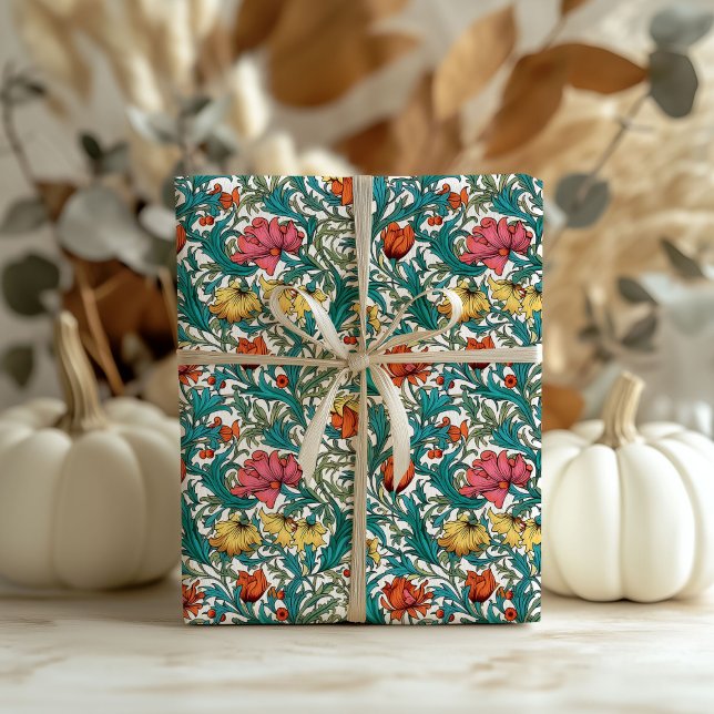 Papel De Regalo Inspiración de William Morris en la flor amarillo  (William Morris inspired copper pink yellow floral Wrapping Paper)