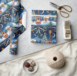 Papel De Regalo Instrumento Musical Ukulele Festivo Navidad Nieve