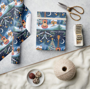 Papel De Regalo Instrumento Musical Ukulele Festivo Navidad Nieve