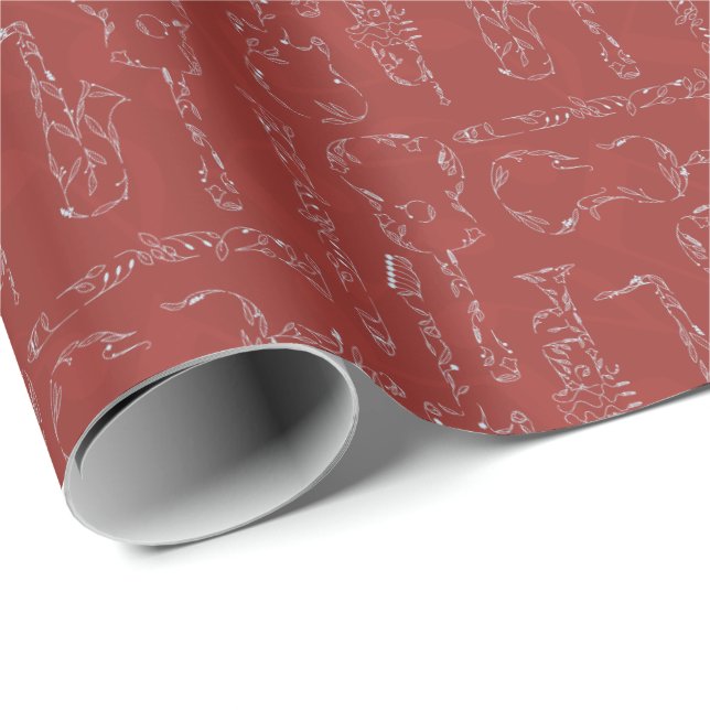 Papel De Regalo Instrumentos florales en rojo (Esquina del rollo)