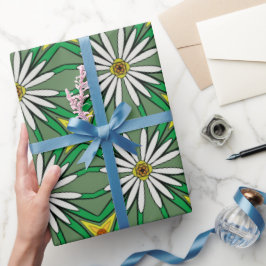 Papel De Regalo Interpretación floral Daisias blancas, hojas verde